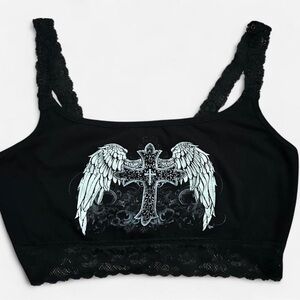 Women's Black Lace Trim tank top with Angel Wing Design